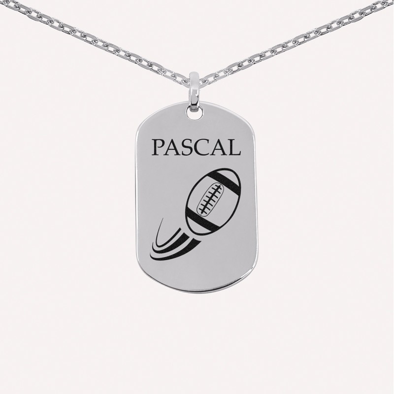 Pendentif homme personnalisé – Plaque gravée avec symboles sportifs en argent 925
