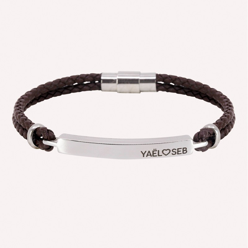 Bracelet personnalisé homme  - Plaque gravée en acier et cuir véritable