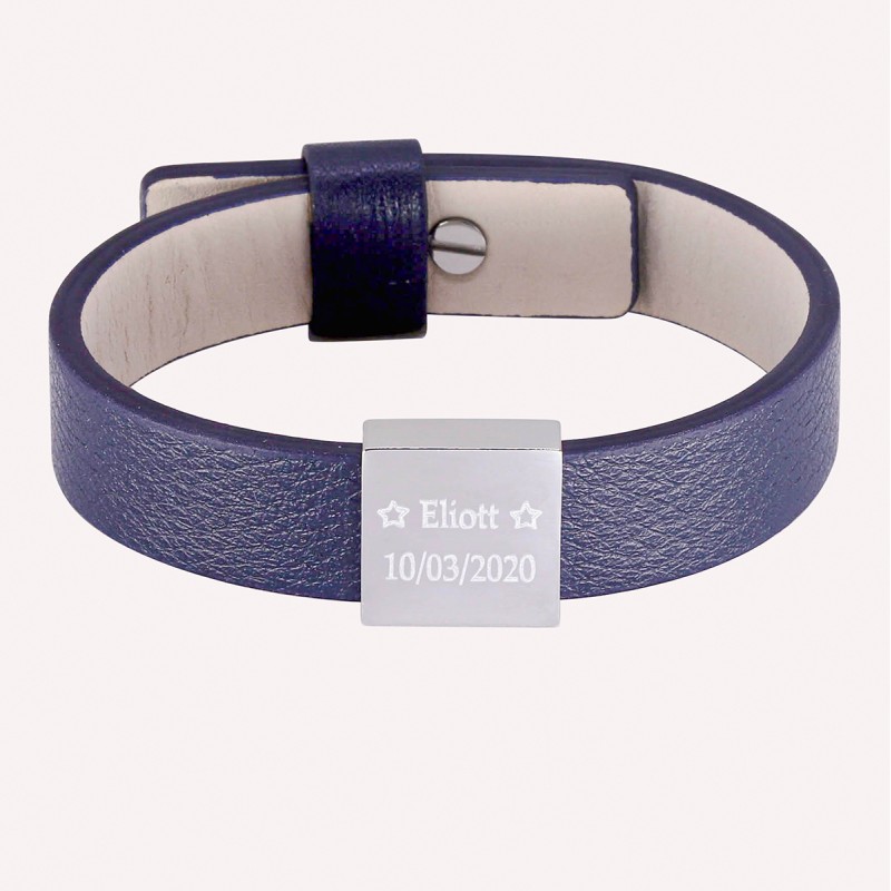 Bracelet personnalisé homme avec plaque carrée en acier doré et cuir