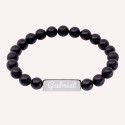 Bracelet perles onyx noir mat et plaque acier à personnaliser