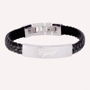 Bracelet homme personnalisé en cuir tressé avec gravure en acier inoxydable