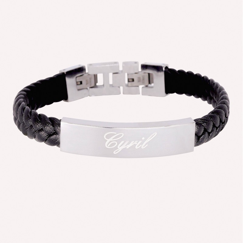 Bracelet homme personnalisé gravé en cuir tressé et acier