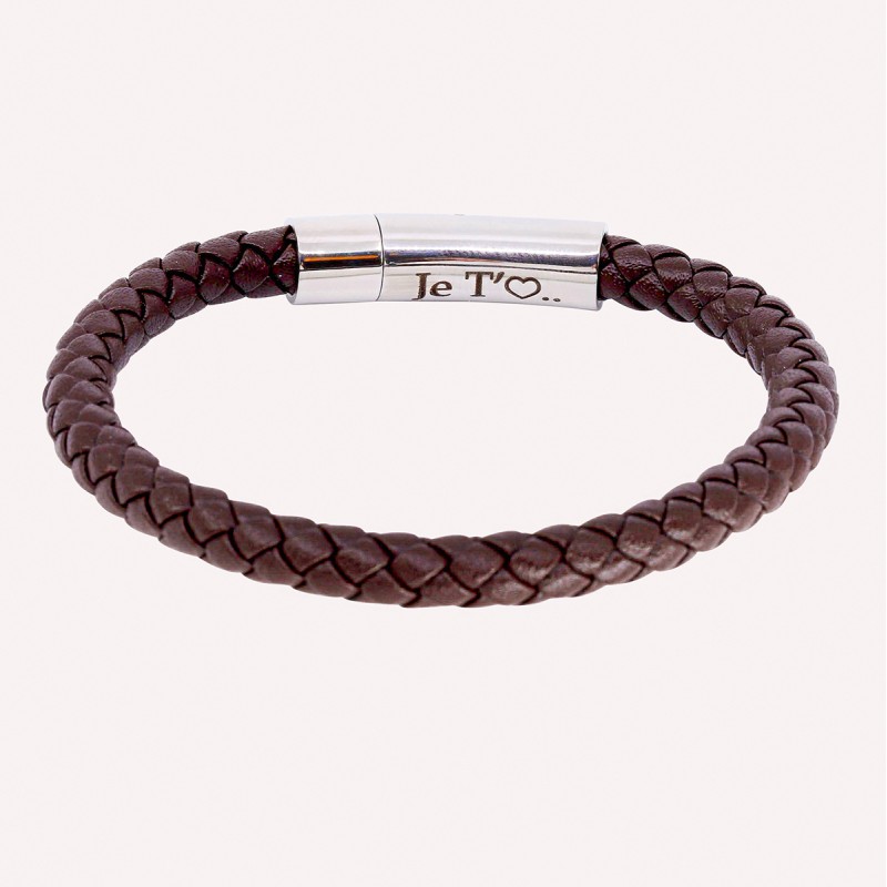 Bracelet homme personnalisé en acier et cuir - Gravure intérieure sur fermoir
