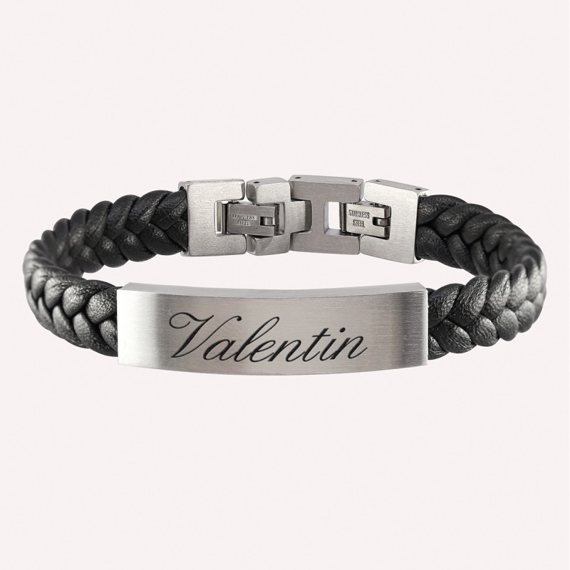Bracelet homme gravé en acier mat et cuir tressé – Bijou personnalisable