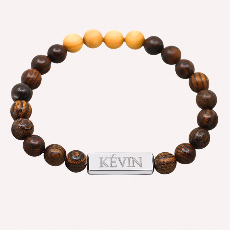 Bracelet perles bois naturel et plaque acier à personnaliser