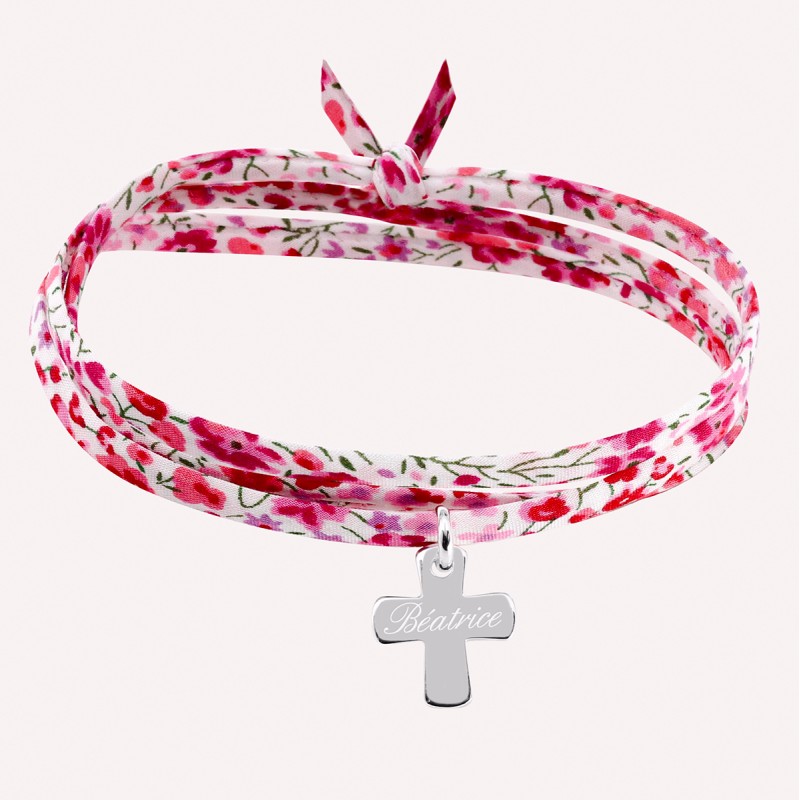 Bracelet personnalisé croix sur liberty en argent 925 ou plaqué or