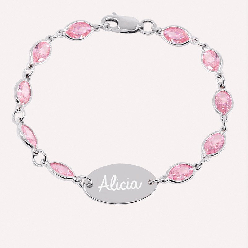 Gourmette identité personnalisée avec pierres en zirconium rose