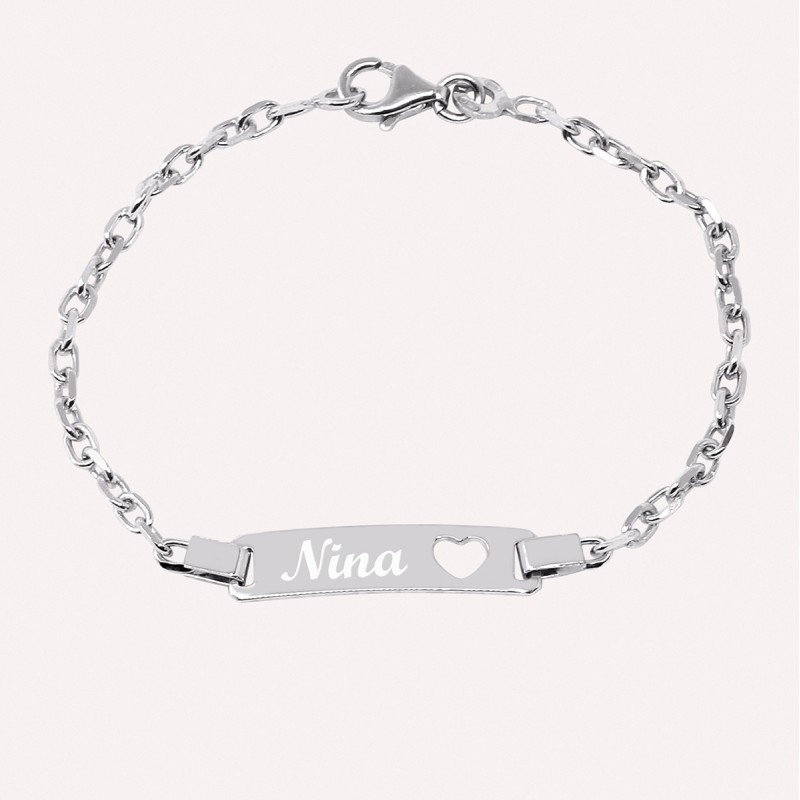 Gourmette identité bébé rectangle et coeur en Argent 925 ou Plaqué Or à personnaliser