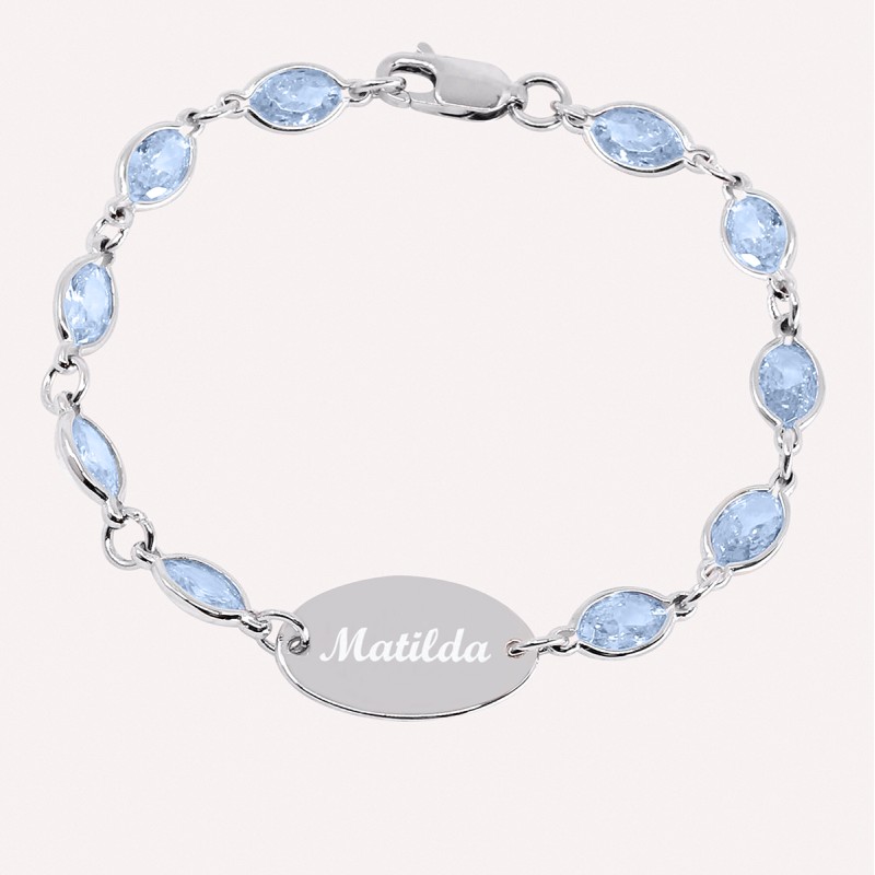 Gourmette bébé prénom gravée argent 925 avec pierres en zirconium bleues