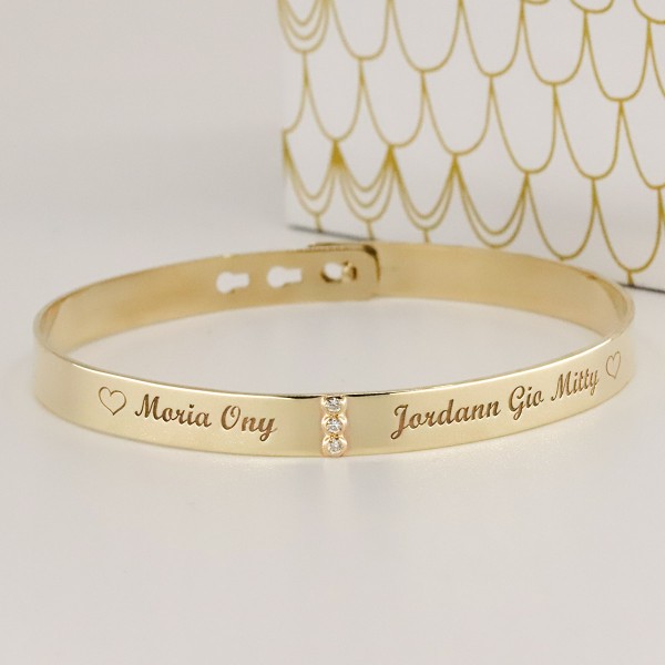 Bracelet  Jonc en Or 9 Carats avec 3 Diamants – Personnalisable