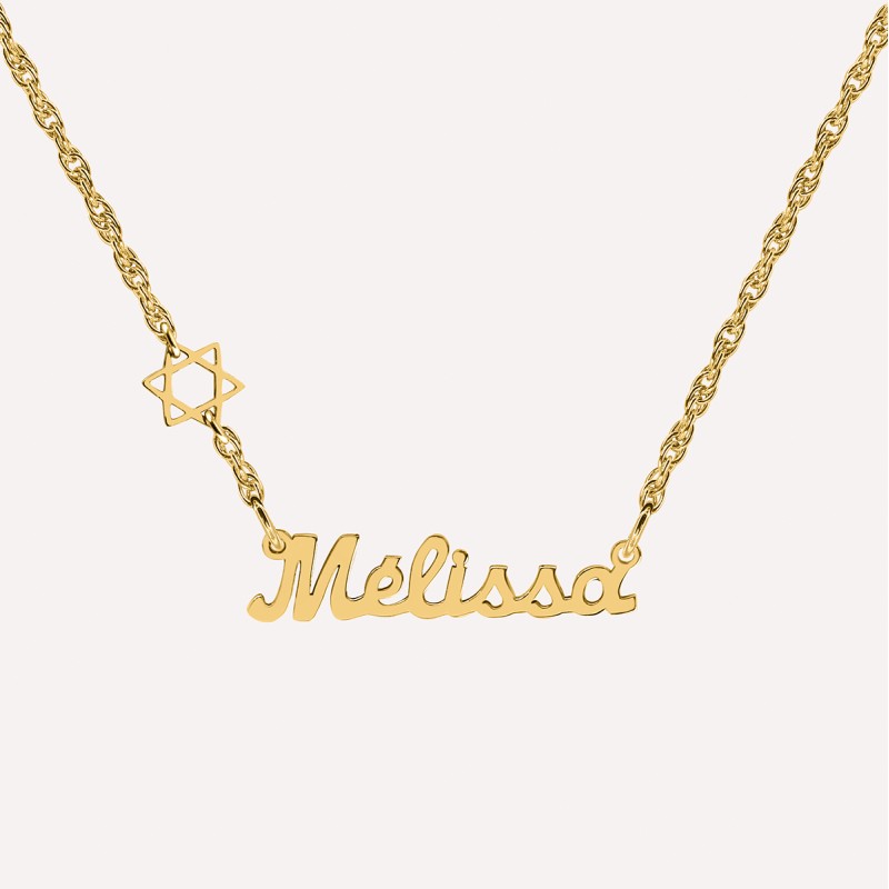 Collier prénom découpé - Etoile de David sur le côté - Argent 925 ou Plaque Or 18k