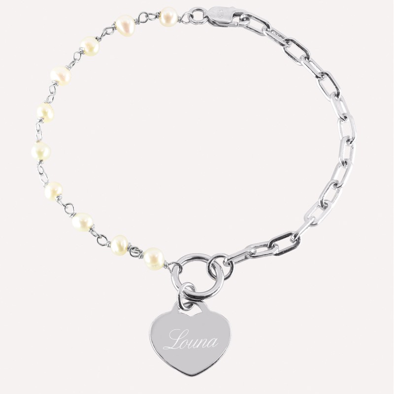 Bracelet demi chaine perlée et coeur en Argent 925 à personnaliser
