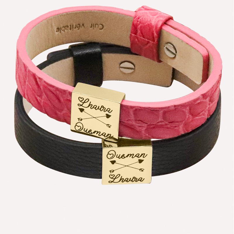 Duo de bracelets couple personnalisables – Plaque acier doré gravée avec prénoms + flèche Cupidon