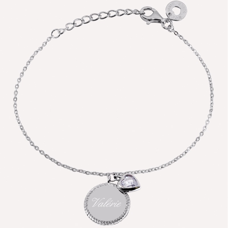 Bracelet medaille perlée coeur zirconium à personnaliser