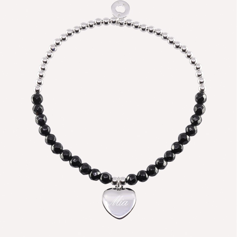 Bracelet coeur perles noires et argent à personnaliser