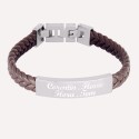 Bracelet homme personnalisé en acier et cuir tressé marron
