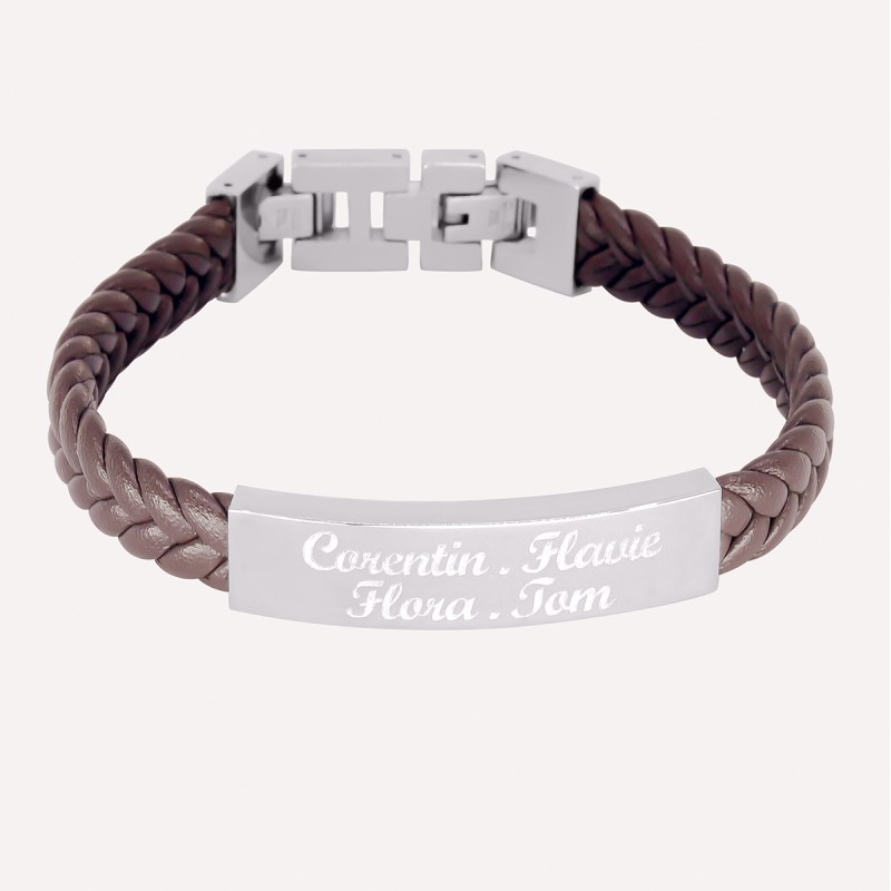 Bracelet homme personnalisé en acier et cuir tressé marron