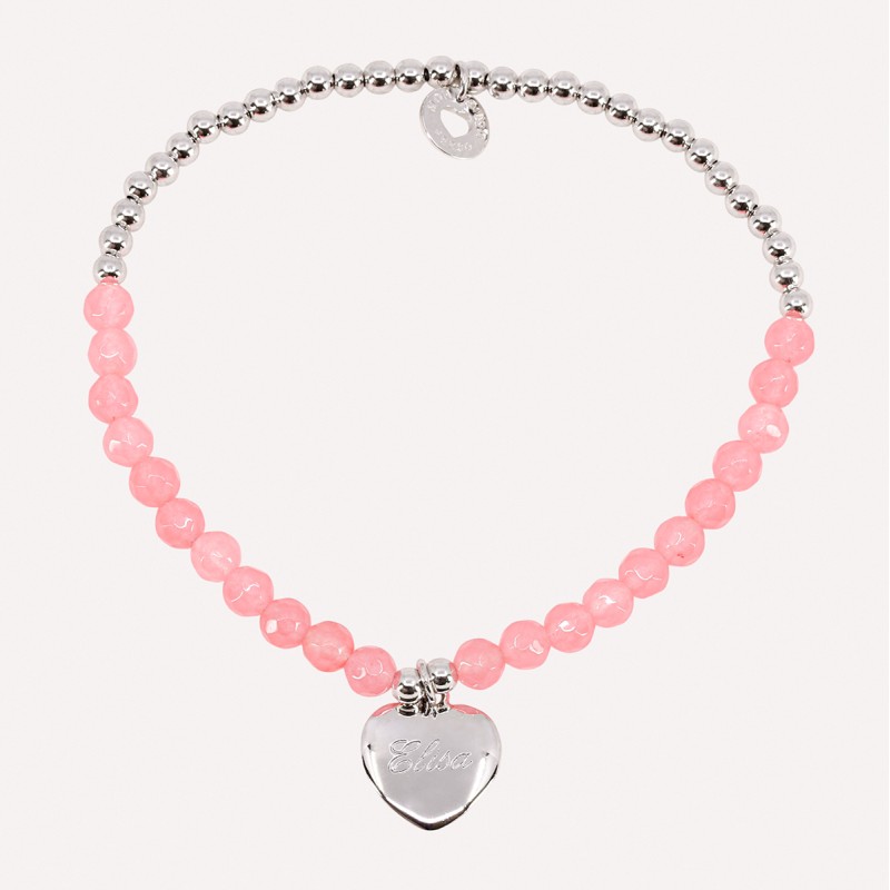 Bracelet coeur perles roses et argent à personnaliser en Argent 925