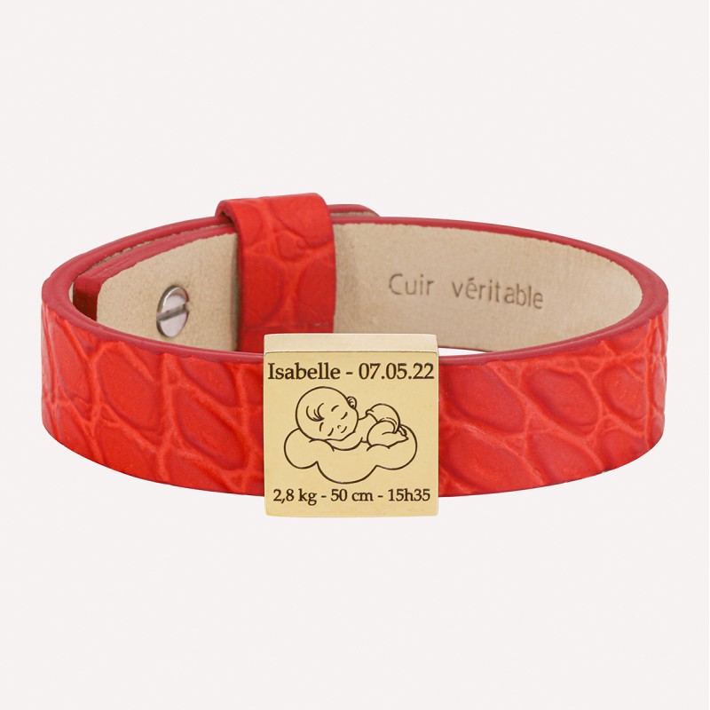 Bracelet cuir et plaque carrée en acier doré naissance à graver pour Femme