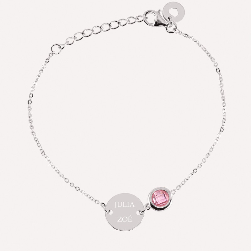 Bracelet personnalisé médaille sur chaîne et pierre rose en Argent 925