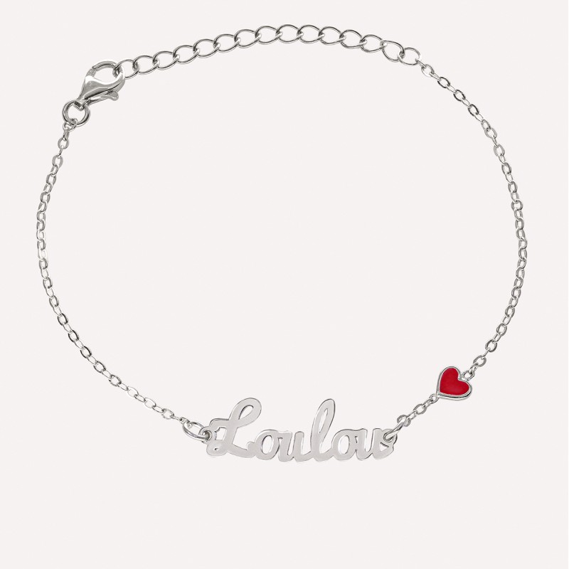 Bracelet prénom découpé coeur rouge en Argent 925