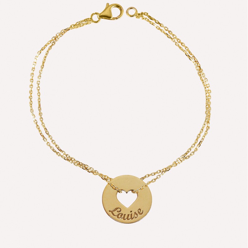 Bracelet jeton coeur en Or 18K sur chaine à personnaliser