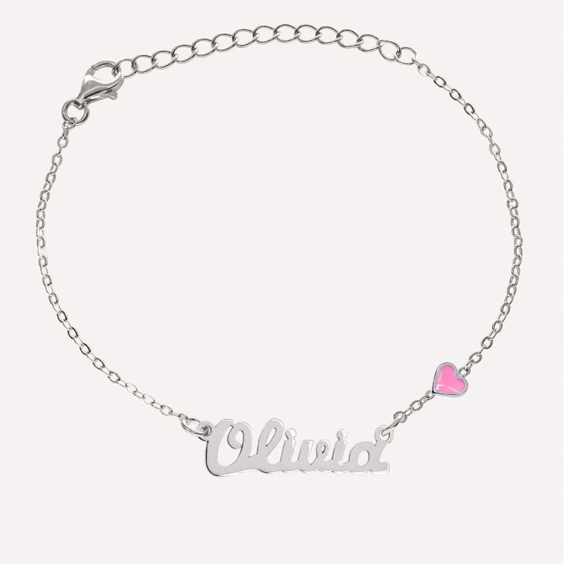 Bracelet prénom découpé coeur rose en Argent 925