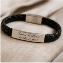 Bracelet homme gravé en acier mat et cuir tressé – Bijou personnalisable