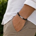 Bracelet perles onyx noir mat et plaque acier à personnaliser