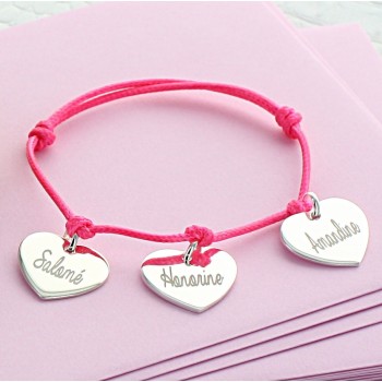 Bracelet mes petits coeurs  argent 925 et cordon rose fluo