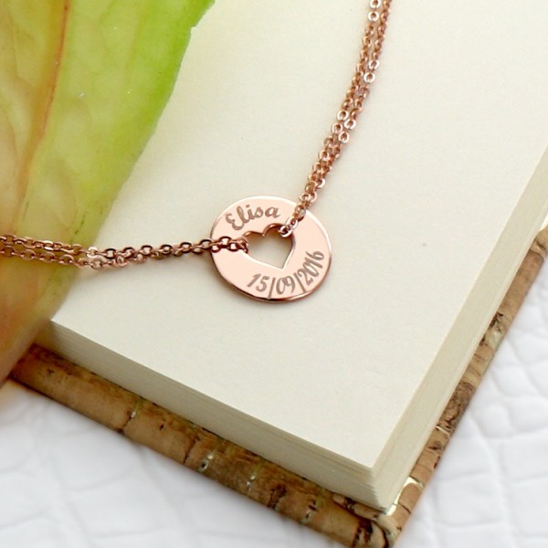 Bracelet gravé forme coeur en argent rosé et lettre script