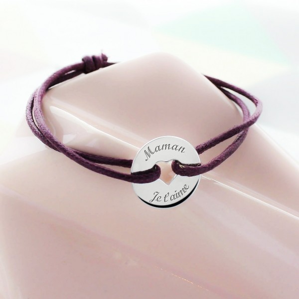 Bracelet cordon petit jeton forme coeur cordon (Aubergine)