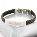 Bracelet homme cuir tressé marron et plaque gravée