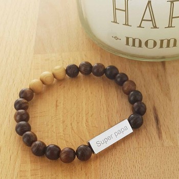 Bracelet perles bois et plaque acier à personnaliser