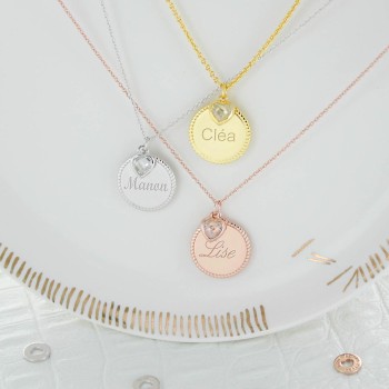 Collier coeur zirconium et medaille perlée à personnalisser