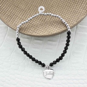Bracelet coeur perles noires et argent à personnaliser