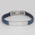 Bracelet gravé pour Homme en Acier et Cuir Tressé Camel et Marine