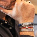 Bracelet gravé pour Homme en Acier et Cuir Tressé Camel et Marine