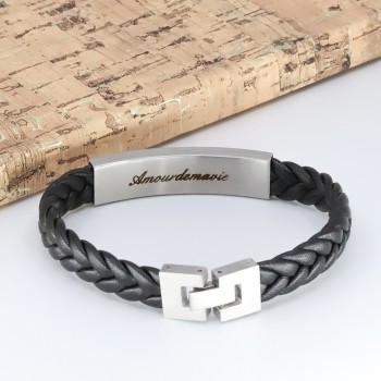 Bracelet gravé pour Homme en Acier Mat et Cuir Tressé