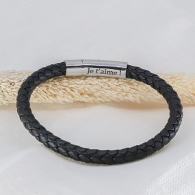 Bracelet Cuir Tressé Marron Gravure sur Fermoir