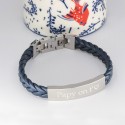 Bracelet gravé pour Homme en Acier et Cuir Tressé Camel et Marine