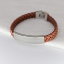 Bracelet gravé pour Homme en Acier et Cuir Tressé Camel et Marine