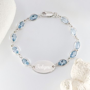 Gourmette identité enfant personnalisée avec pierres en zirconium bleu