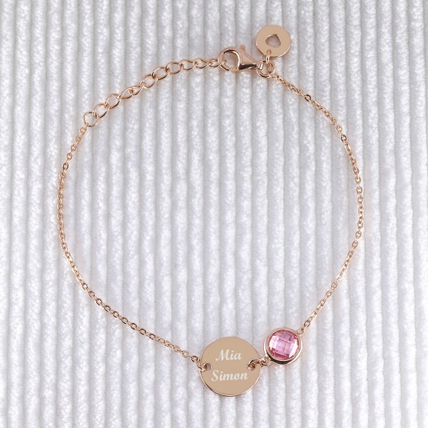 Bracelet médaille personnalisée sur chaîne et pierre rose