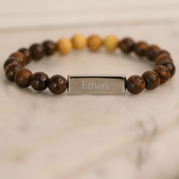 Bracelet perles bois et plaque acier à personnaliser
