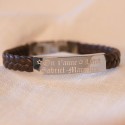 Bracelet homme cuir tressé marron et plaque gravée