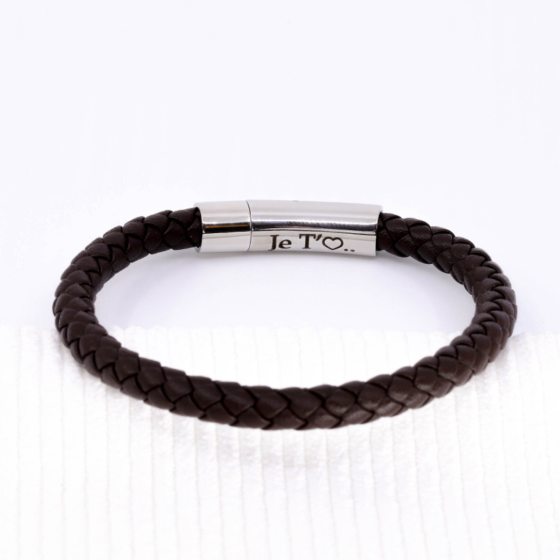 Bracelet Cuir Tressé Noir Homme & Acier Avec Fermoir Magnétique | Lora&Moi