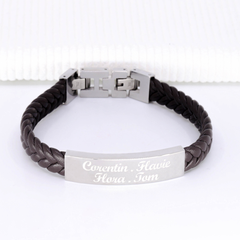 Bracelet homme personnalisé en Acier et Cuir tressé marron