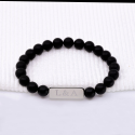 Bracelet perles onyx noir mat et plaque acier à personnaliser