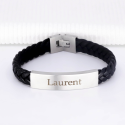 Bracelet gravé pour Homme en Acier Mat et Cuir Tressé